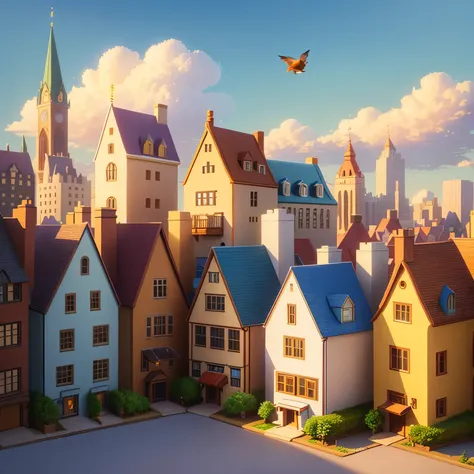 A munchkin cat with fluffy brown fur spreads its tiny wings and flies against a backdrop of serene buildings. The sky is clear and blue, and the sun casts a warm glow over the scene. The cats tiny figure looks charming as it soars through the cloudless sky...