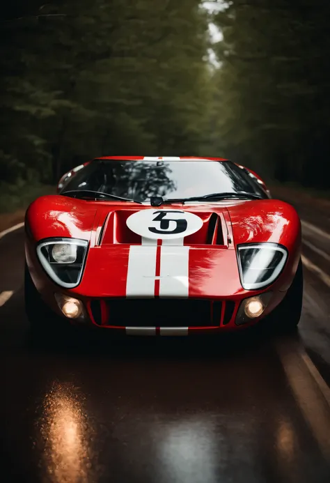 Preciso de um carro da Ford parecido com o Ford GT40, with its own team for Le Mans. Em um estilo hiperrealista, foto realista, cinematographic, UHD, nas cores vermelho e branco.