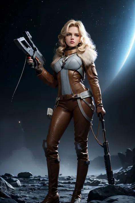 Horny sexy Blonde woman space ranger, full body shot head to toe, exploring a dry rocky almost barren ice planet, running 3/4 profile left, holding a long barrol multishot space hunting rifle, ultra blonde white hair, wavy hair, curly hair, sexy hair, larg...