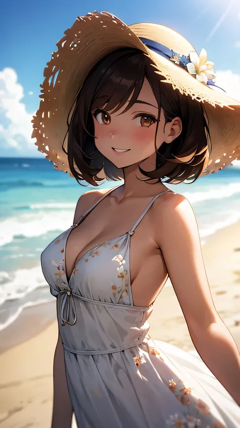 (Best quality, dynamic lighting, highly detailed, HDR) Brown haired young woman, mature, beautiful, bob hair, brown eyes, slim, medium-small breasts, white floral summer dress, summer hat, bare shoulder, cleavage, sideboobs, sleeveless, smiling, head shot,...