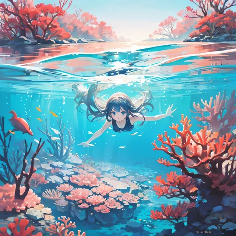 Girl swimming curiously through a breathtaking coral reef in the ocean.