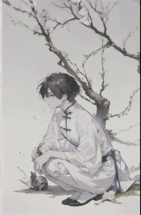 Anime-style drawing of a woman kneeling under a flowering tree, Inspired by Bian Shoumin, Demon slayer art handsome man, delicate and androgynous prince, artwork in the style of Gweiz, Inspired by Chen Daofu, beautiful androgynous prince, Gweiz, Inspired b...