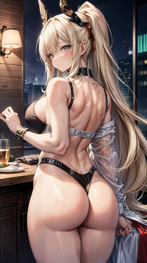 ultra-detailed、highest quality、Highest image quality、master piece、8K、smile、blonde curly hair、(SFW huge body)、(((Rear view)))、cowboy shot、Wearing a thong