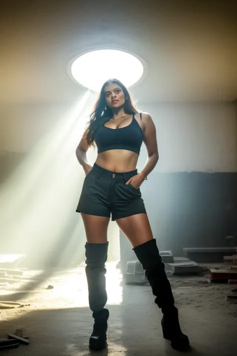 Aishwarya Rai as construction lady, black shorts, high boots, tank top, massive cleavage, posing in construction site, day scene, navel out, breasts visible show, 90% breasts popping out, hourglass figure, massive breasts, nipple slip, fit, seductive face,...