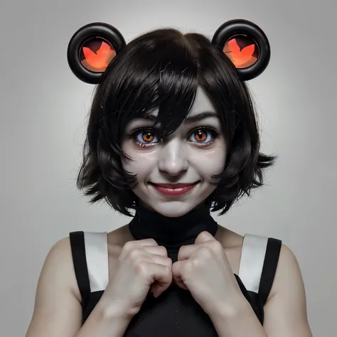 Make an Undertale chara with black eyes and red pupils smiling while holding a chara