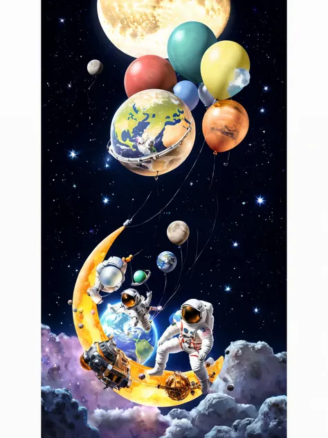 astronaut on the moon with balloons in the sky, space travelling, floating next to the planet,  astronaut, an astronaut relaxing...