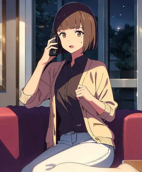 1girl, chestnut brown hair,  blunt bangs that cover her forehead,  chin-length hair, bob cut,  light brown eyes and a mole under her left eye, brown cardigan, open shirt, white sweater, blue pants, open mouth, holding a phone, talking to the phone, indoors...