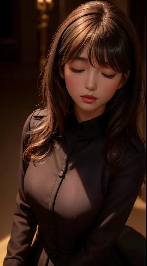 8k, highest quality, 1 girl, (skin dents), night, (dark), clear indoor background, (people々), beautiful bangs, nice,, (clothing ...