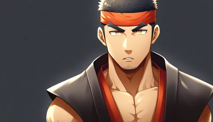 anime characters：Gyee, warrior, 1 young muscular man, male focus, sports Red headband, samurai clothing, muscular male, muscular, only, Upper body, alone, Black short hair, Thick eyebrows, stubble, Yellow eyes, Black background, simple background, amazing ...