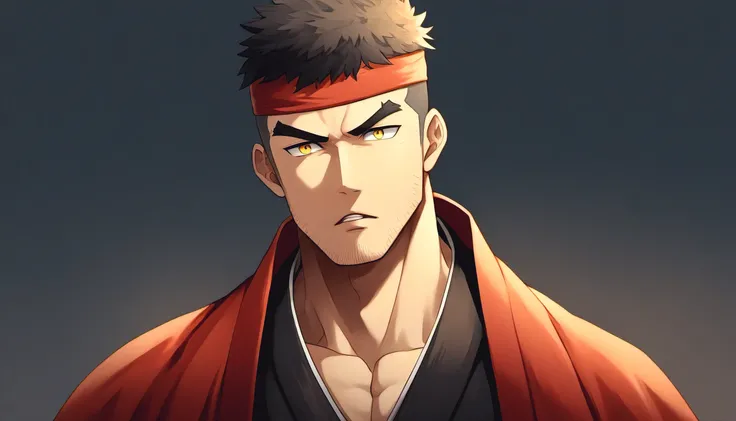 anime characters：Gyee, warrior, 1 young muscular man, male focus, sports Red headband, samurai clothing, muscular male, muscular, only, Upper body, alone, Black short hair, Thick eyebrows, stubble, Yellow eyes, Black background, simple background, amazing ...