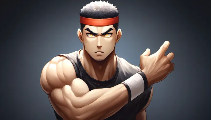 anime characters：Gyee, warrior, 1 young muscular man, male focus, sports Red headband, Taekwondo uniform, muscular male, muscular, only, Upper body, alone, Black short hair, Thick eyebrows, stubble, Yellow eyes, Black background, simple background, amazing...