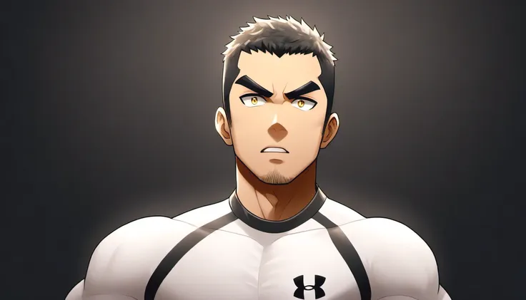 anime characters：gyee, sports student, 1 young muscular man, male focus, under armour sports tight t-shirt, muscular male, muscu...