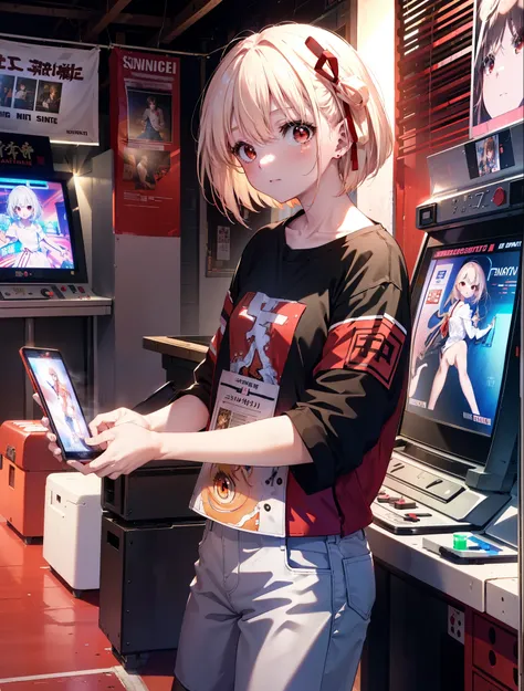 chisatonishikigi, nishikigi chisato, short hair, bangs, blonde hair, (red eyes:1.5), hair ribbon, one side up, long hair,tie hair back,,off shoulder dress,short denim pants,short boots,smile,sitting Chair, game_center, scenery, arcade cabinet, Chair, poste...