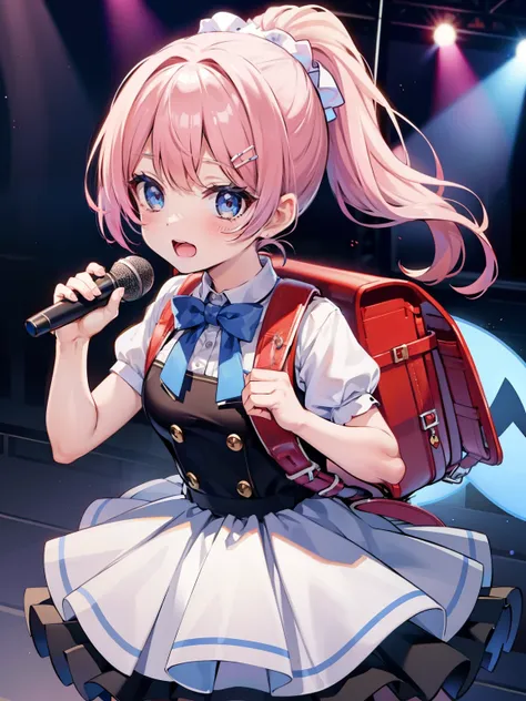 Masterpiece, hd, stage, singer, holding microphone, idol, 1 girl,ponytail, hair ribbon, hair ornaments, cute dress, idol dress, ponytail, frilled dress, perfect dress, bowtie light, elegant, best lighting, wearing school backpack,  (backpack:1.1)