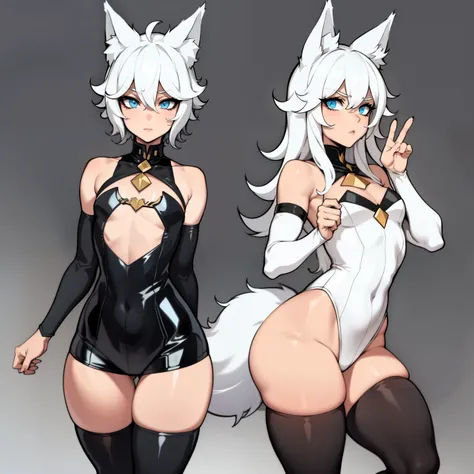 Single boy, Femboy anime, short, Long white hair, wolf ears, wolf tail, Blue eyes, ارتداء السراويل الshortة, Thigh high stockings, Black combat boots, يرتدي هوديي أسود short, Flat chest, super Flat chest, Femboy solo, Only one femboy ((Flat chest)), Wide h...