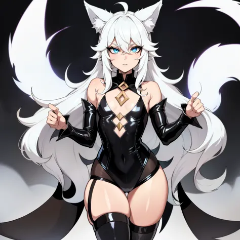 Single boy, Femboy anime, short, Long white hair, wolf ears, wolf tail, Blue eyes, ارتداء السراويل الshortة, Thigh high stockings, Black combat boots, يرتدي هوديي أسود short, Flat chest, super Flat chest, Femboy solo, Only one femboy ((Flat chest)), Wide h...