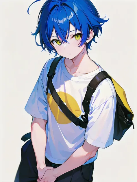 [(WHITE BACKGROUND:1.5),::5], ((((masterpiece)))), high quality, very_high_resolution, large_filesize, full color, ((younger boy)), 13 old year, short deepblue hair, vivid color, ((yellow eye)), civilian clothes white, anime, Below the knee to upper body