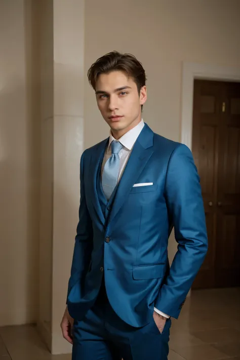 ((Mejor calidad)), ((obra maestra)), (detallado), cara perfecta hombre, Young Male, sigma, traje saco y corbata, color de saco azul, color corbata roja satinada, color piel blanco, color ojo izquierdo rojo, color de ojo derecho azul.