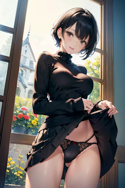 ((Pixie cut beautiful black hair,beautiful eyes)),Bright red one piece sexy knit sweater,(low angle,from below,skirt lift,panty shot,elegant beautiful white laced panties),(solo),((masterpiece, highest resolution,best quality)), (beautiful illustration), (...