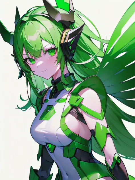 [(WHITE BACKGROUND:1.5),::5] masterpiece, absurdres, best quality, best aesthetic, upperbody, 1girl, solo, Green hair, long hair, Green eyes, science fiction, (mecha musume:1.5), mechanical parts, headgear, doragon mechanical wings, ((mechanical dragon Arm...