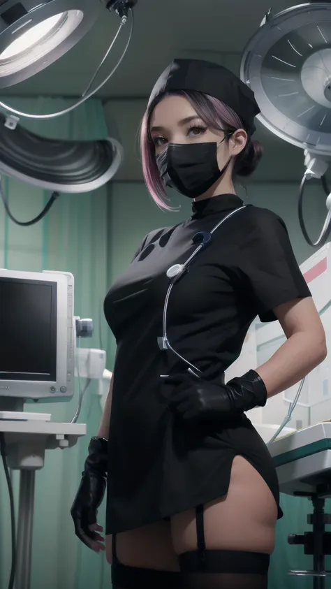 black nurse, 1 girl, alone, black nurse cap, black wear, ((black legwear, zettai ryouiki)), black elbow gloves, random hairstyle...