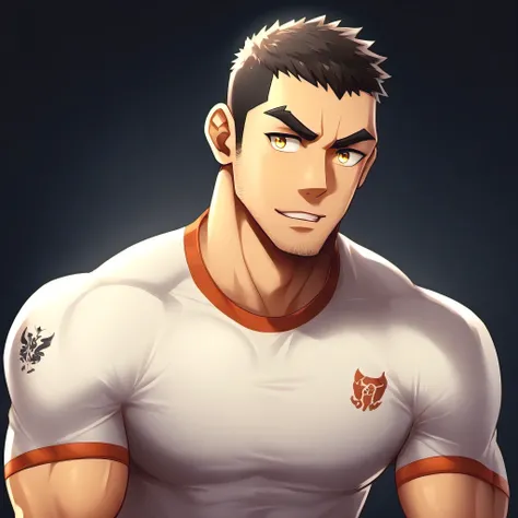 anime characters：Gyee, Fitness coach, 1 muscular tough guy, Manliness, male focus, SKINS brand sports tight T-shirt, Slightly transparent, muscular male, muscular, only, Upper body, alone, Black short hair, Thick eyebrows, stubble, Yellow eyes, Black backg...