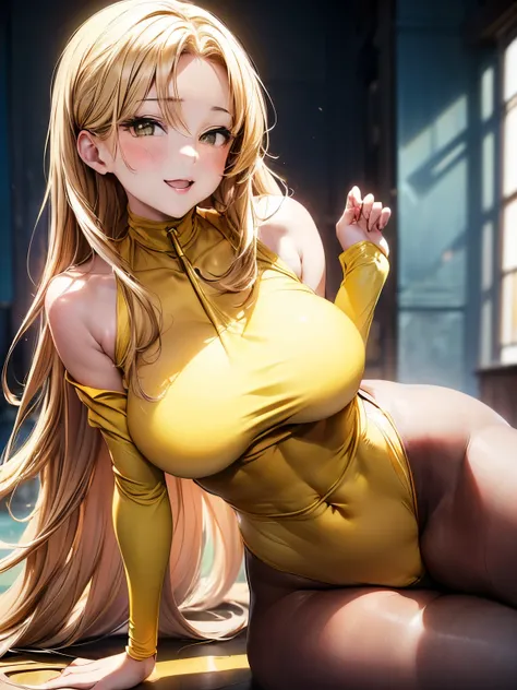 sexy woman、(Blonde Hair Woman)、straight hair woman、Long hair woman、((Beautiful busty woman:1.3))、(A woman wearing a yellow high-neck leotard:1.6)、nice sexy body、one woman、woman wearing brown pantyhose、Woman with a big smile