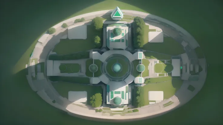 ((pale blue)), a view of a stadium with a green field and a white field, symmetrical outpost, ( ( dark green, a round minimalist behind, top - view, imperial symbol, top view, jade, top-down view, top - down view, hexagonal planetary space base, inspired b...