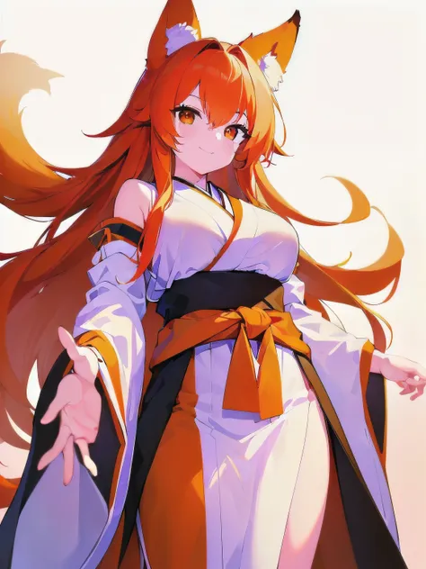[(WHITE BACKGROUND:1.5),::5], ((((masterpiece)))), high quality, very_high_resolution, large_filesize, full color, breasts, from_below, focus on eyes, girl, woman, female, young, 20 years old, long hair, big hair, orange hair, light smile, fox_ears, (orang...