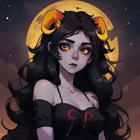 close-up portrait, aradia,  (horns), gray skin, very long hair, [[simple background]], big chest, cleavage, tube top, bare shoul...