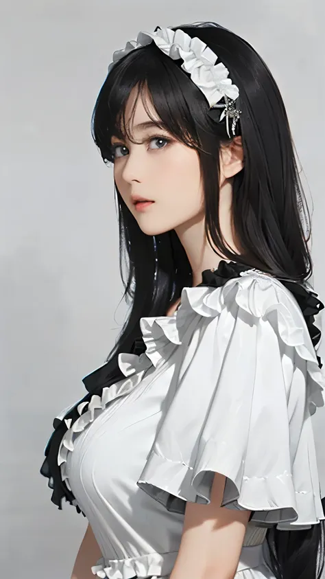 (((Masterpiece))),((top quality)),one beautiful girl,bangs、(long hair:1.5)、(((big breasts)))、23 years old、(Gorgeous white, grey and black ruffled dress:1.5)、race、 beautiful digital art work, beautiful fantasy art,(The background is plain:1.5)、