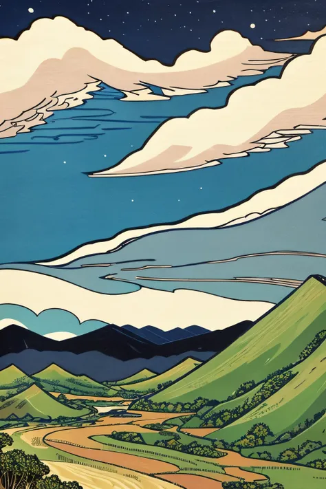 Close-up of a painting of a mountain with clouds in the sky, Katsuchika Hokusai-inspired woodblock prints, flicker, ukiyo-e, katsushika Hokusai style, Hokusai style, Hokusai&#39;s style, japanese woodblock print style, katsuhika hokusai, mount Fuji Mountai...