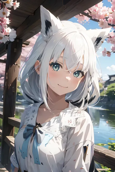 anime style illustration, highest quality, girl 1, solo, close up of face, Cherry blossom viewing, Cherry tree, sunny, SAKURA, looking at the camera, (smile, laughing, smile, young girl, gray hair, fox ears, dye one&#39;s cheeks)