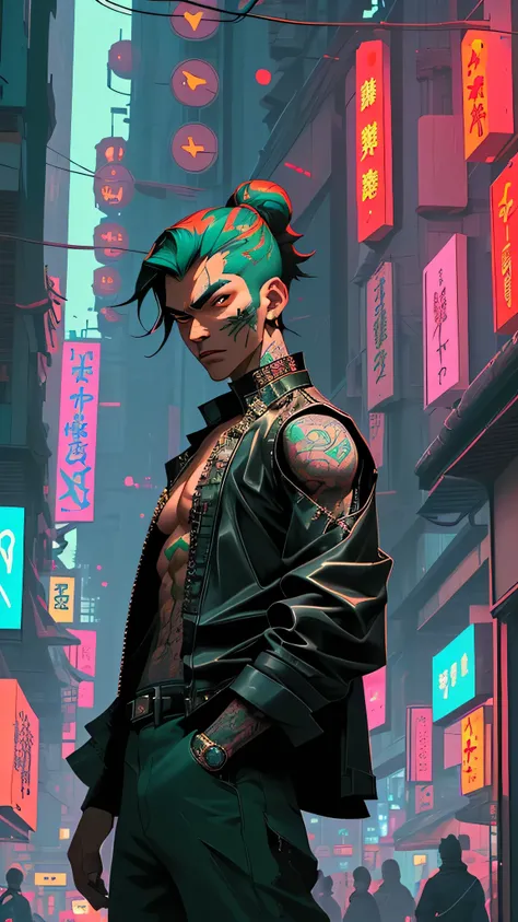 Claro, Here is the updated description:
Em uma cidade cyberpunk oriental, gigantic skyscrapers of oriental-futuristic design rise against a night sky dotted with neon lights and holograms. Bright lanterns adorn the buildings, while Asian characters float ...