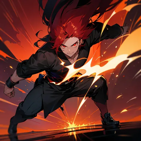 Handsome anime boy black shirt, black peng, black shoes, middle part hairs, boy with middle part hairs, Glowing eyes, , red sky, handsome anime boy, boy reflect as hero, hero black, smile, smiling, power in hand, one habd glowing 