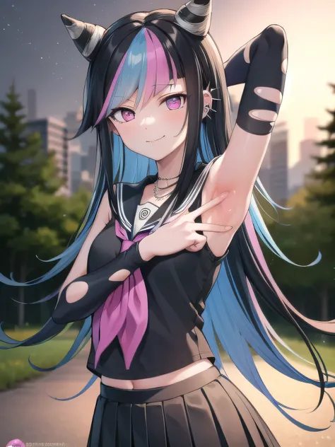 ibukimioda, ibuki mioda, black hair, blue hair, hair horns, ear piercing, lip piercing, long hair, multicolored hair, (pink eyes:1.5), pink hair, white hair,
BREAK asymmetrical legwear, black skirt, blue thighhighs, jewelry, mismatched legwear, neckerchief...