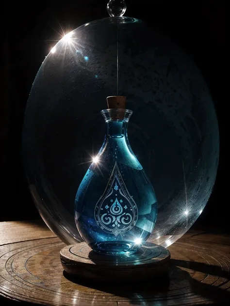 a blue color potion on a wooden table. the potion bottle looks like a pear shaped flask surrounded by mystery. an enigmatic atmosphere evocative of the ethereal unknown adds depth to the sense of foretelling mysteries and pervades the image. the psychic vi...