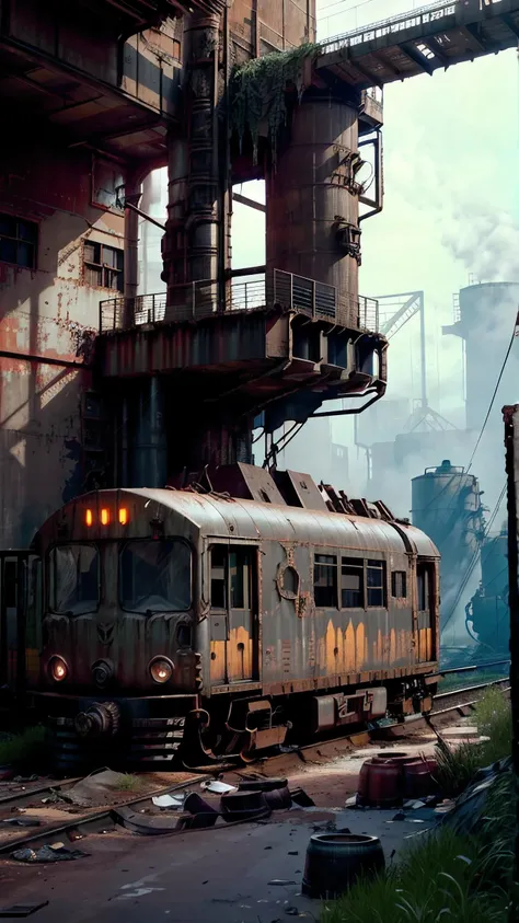 (photo focusing on abandoned industrial machinery), abandoned coal mine landscape, weathered machine, ((ruined trolley train, ab...