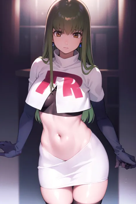 codegeasscc, cc, (brown eyes:1.5), green hair, long hair, straight hair, purple earrings
BREAK team rocket,team rocket uniform,white skirt,red letter R,crop top,black thigh-highs,black elbow gloves
BREAK looking at viewer, (cowboy shot:1.5),
BREAK (masterp...