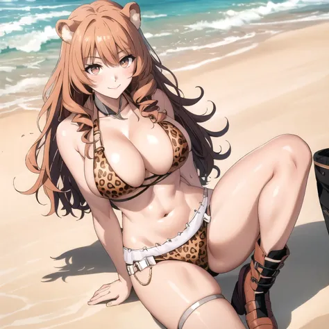 Raphtalia woman 24 years old bright orange hair, orejas de oso, ojos rojos, piel clara, big breasts pink leopard print bikini, botas rosadas, esta caminando en una playa tropical cuerpo mojado. sonrisa alegre. rubor. piel bronceada. cabello rubio. rubia., ...