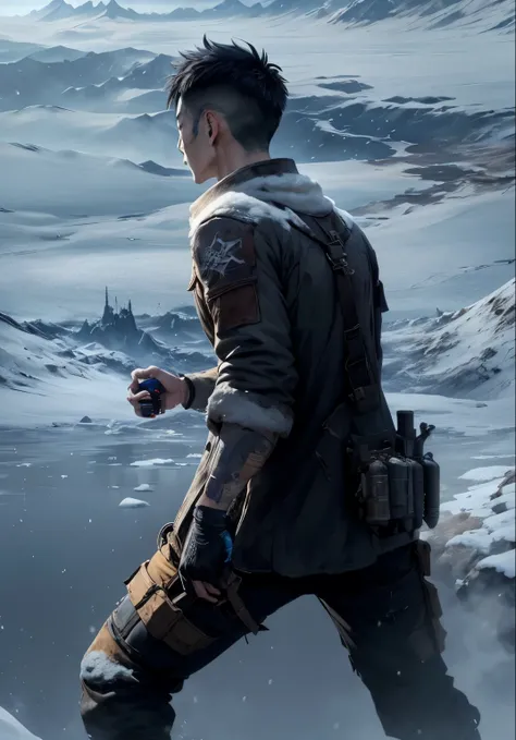 A person holding something in his hand，Dressed in a long-sleeved，coat，Ready to fight，correct posture，In a snowy field，blizzard，Frost，Snow covered land，ice河世纪，ice，结ice，反乌托邦的数字concept art,, concept art, 高度现实的concept art, Post-apocalyptic Tokyo, 环境concept art...