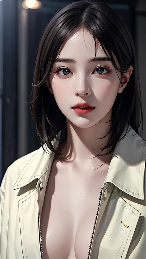 Beautiful girl with realistic black eyes, pale skin, medium length black hair, perfect face, perfect eyes, wearing a coat, very detailed, comprehensive movie, digital painting, 8K, cinematic lighting, highest quality, High resolution, Great job!, Post-proc...