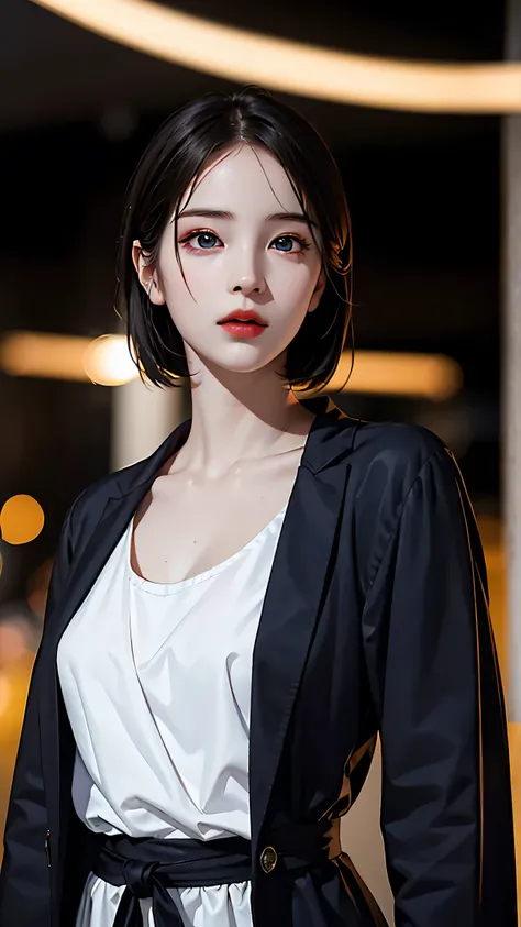 Beautiful girl with realistic black eyes, pale skin, medium length black hair, perfect face, perfect eyes, wearing a coat, very detailed, comprehensive movie, digital painting, 8K, cinematic lighting, highest quality, High resolution, Great job!, Post-proc...