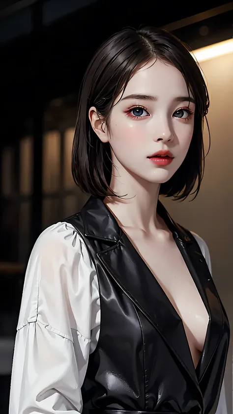 Beautiful girl with realistic black eyes, pale skin, medium length black hair, perfect face, perfect eyes, wearing a coat, very detailed, comprehensive movie, digital painting, 8K, cinematic lighting, highest quality, High resolution, great work, Post-proc...