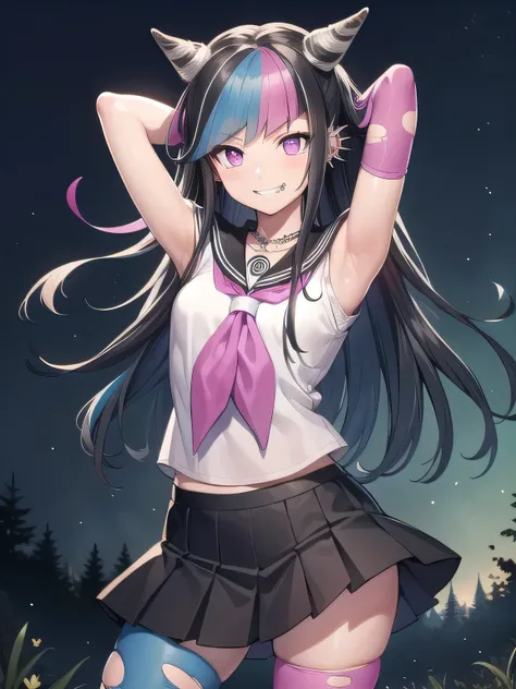 ibukimioda, ibuki mioda, black hair, blue hair, hair horns, ear piercing, lip piercing, long hair, multicolored hair, (pink eyes...