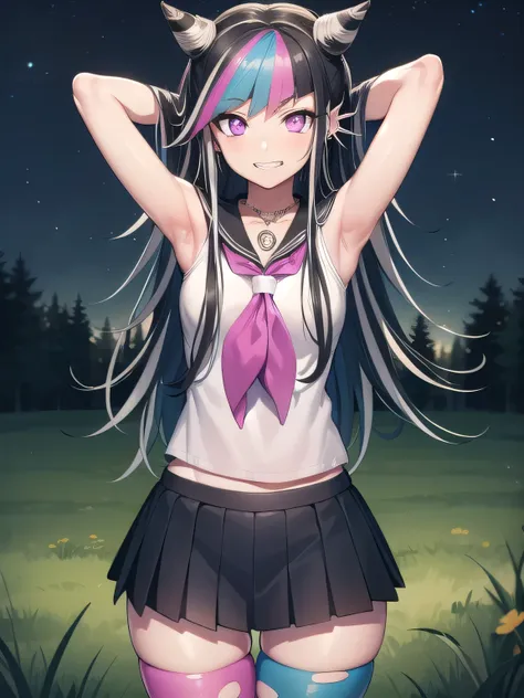 ibukimioda, ibuki mioda, black hair, blue hair, hair horns, ear piercing, lip piercing, long hair, multicolored hair, (pink eyes:1.5), pink hair, white hair,
BREAK asymmetrical legwear, black skirt, blue thighhighs, jewelry, mismatched legwear, neckerchief...