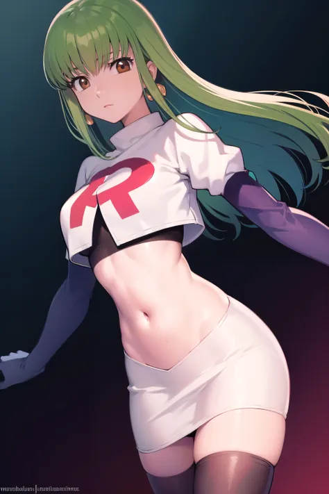 codegeasscc, cc, (brown eyes:1.5), green hair, long hair, straight hair, purple earrings
break team rocket,team rocket uniform,w...