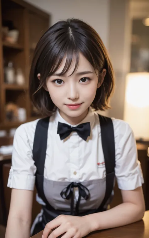 cute 21 year old japanese、apron, black bow tie、Waiter、Cafe、super detail face、pay attention to details、double eyelid、beautiful thin nose、sharp focus:1.2、Beautiful woman:1.4、(light brown hair,short hair、),pure white skin、highest quality、masterpiece、ultra hig...