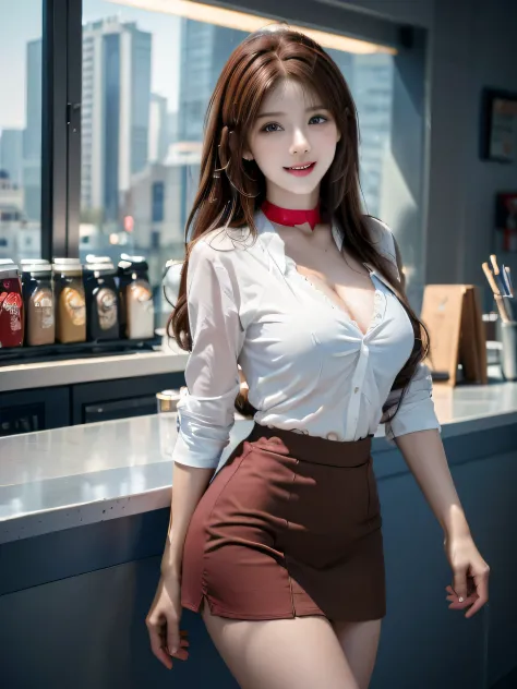 (photorealistic:1.8, highest quality:1.8,8K masterpiece:1.8,High resolution,muste piece:1.8,RAW Photos,cinematic lighting),No split screen, morning、Good Morning、The coffee shop of the future、（23-year-old woman drinking coffee:1.5)、
（choker、beautiful breast...