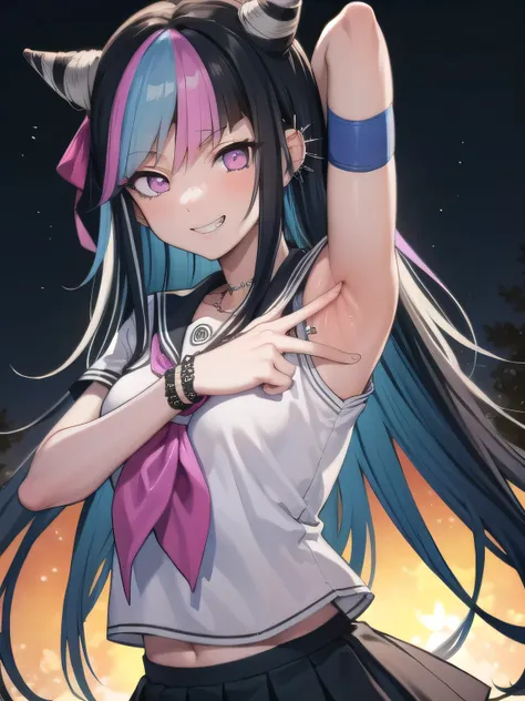 ibukimioda, ibuki mioda, black hair, blue hair, hair horns, ear piercing, lip piercing, long hair, multicolored hair, (pink eyes:1.5), pink hair, white hair,
BREAK asymmetrical legwear, black skirt, blue thighhighs, jewelry, mismatched legwear, neckerchief...